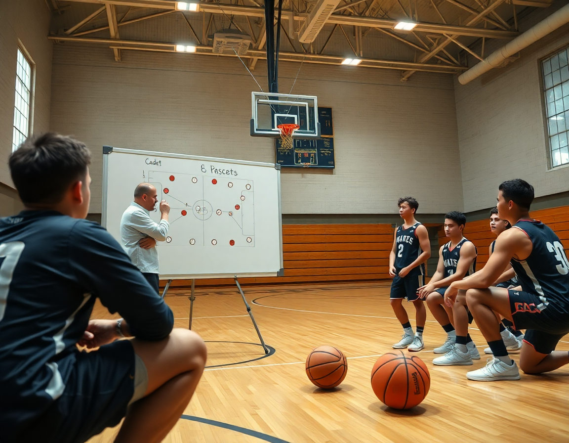 Diagrama de jugadas baloncesto cadete frente a pizarra en gimnasio iluminado, con balón naranja cerca.
