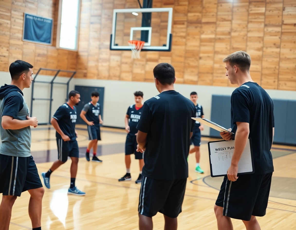 Plan semanal de jugadas baloncesto cadete aplicado en pista de baloncesto, con tablets y pizarras.