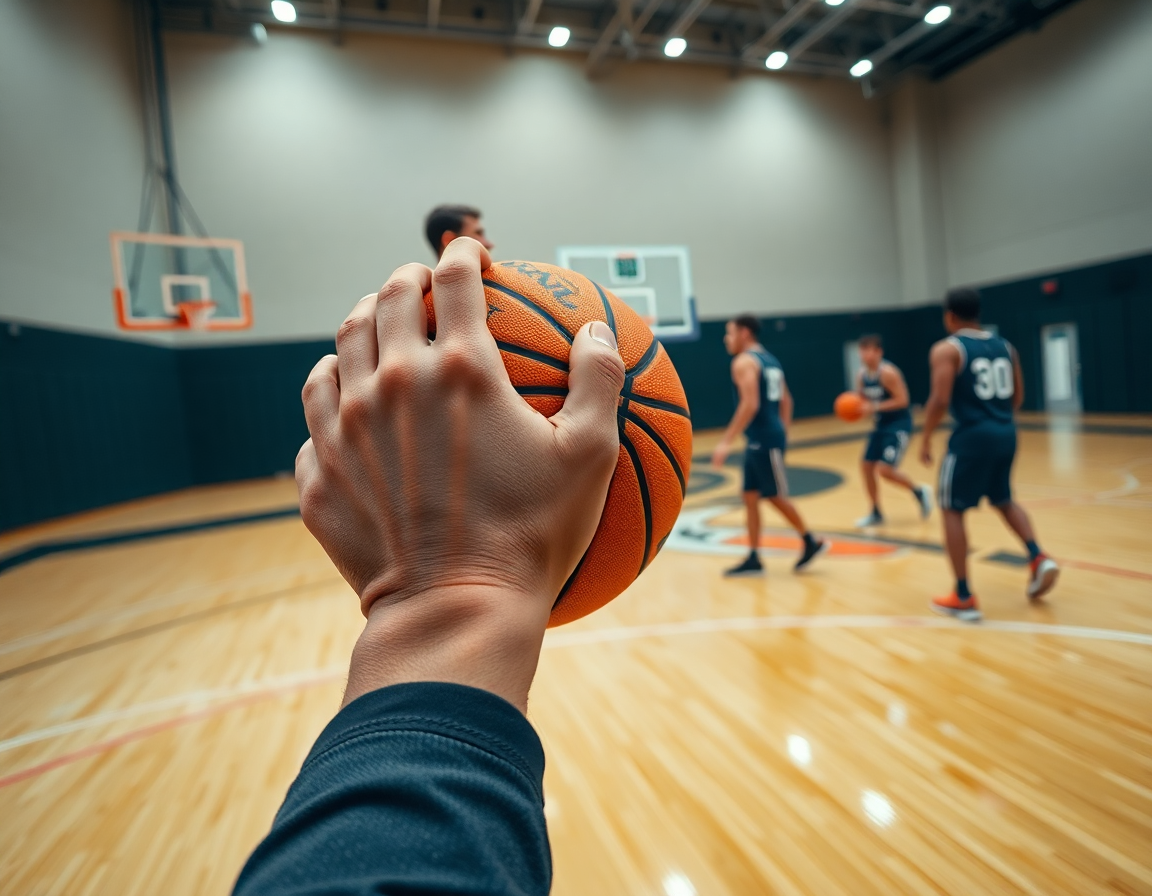 Primer plano de la mano sosteniendo una pelota naranja mientras el coach señala jugadas baloncesto contra defensa individual.