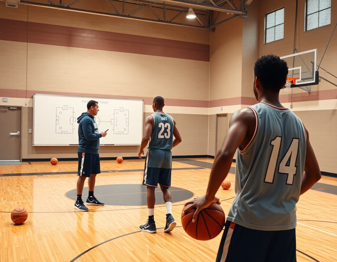 Dos jugadores cerca de la línea de tiro libre, coach guía jugadas baloncesto contra defensa individual en pizarra.