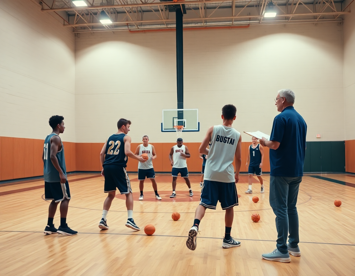Equipo ejecutando movimiento de balón, practicando jugadas baloncesto contra defensa individual bajo las luces de la cancha.