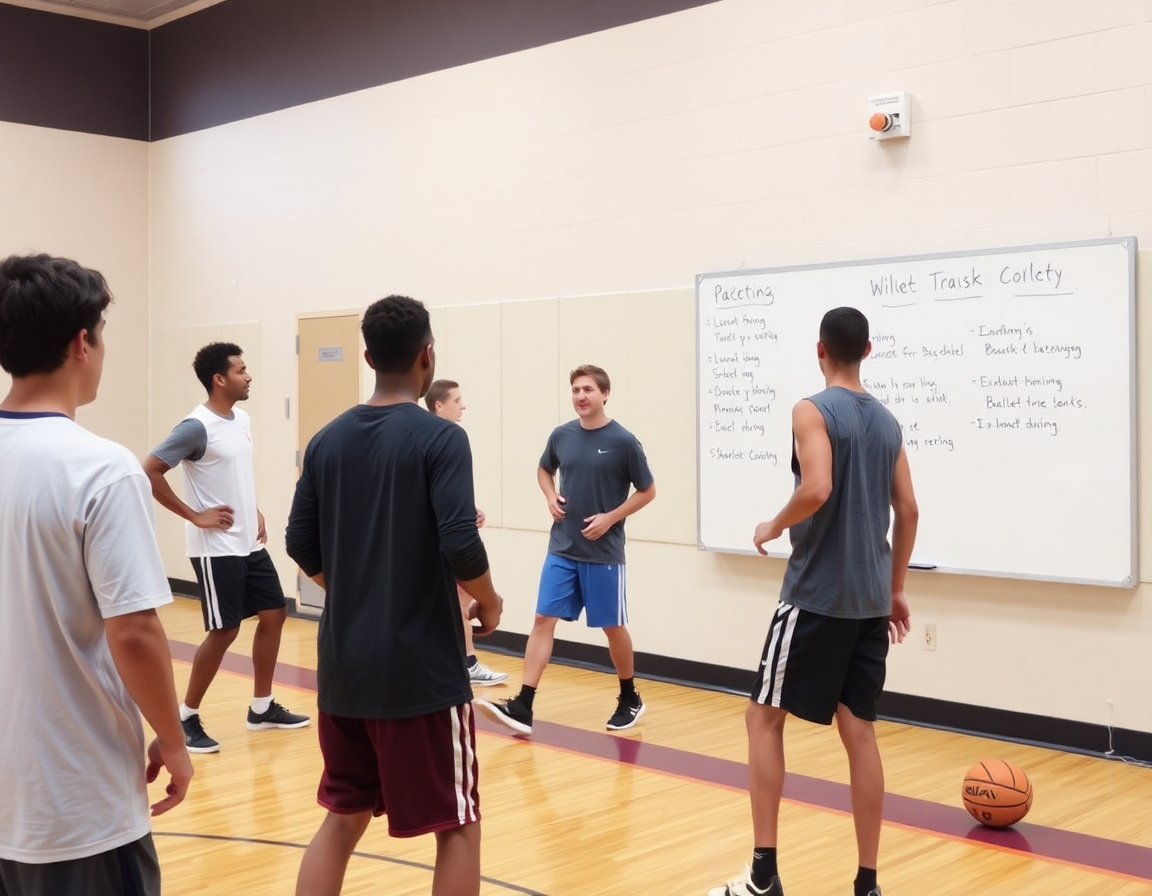 Entrenador explica jugadas de baloncesto en ingles a jugadores durante práctica en gimnasio.