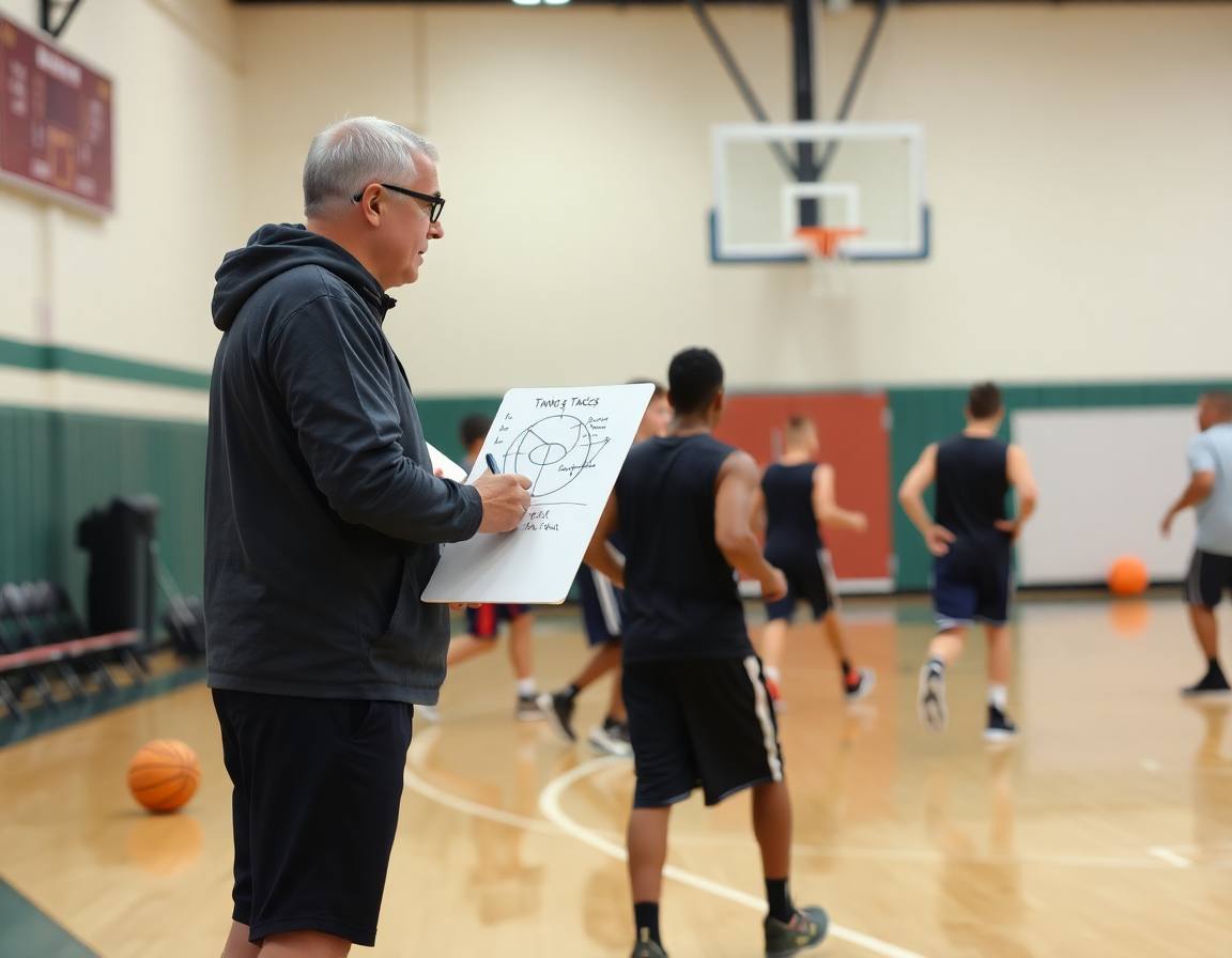 Plano de pizarra táctica mostrando jugadas de baloncesto en ingles durante entrenamiento.