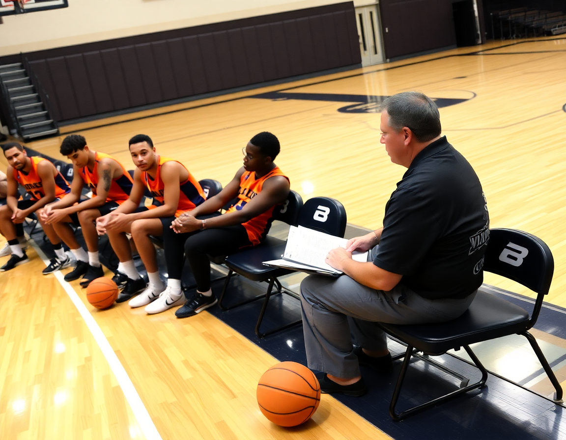 Entrenador revisa informes de scouting y clips en ingles para explicar jugadas de baloncesto en ingles.