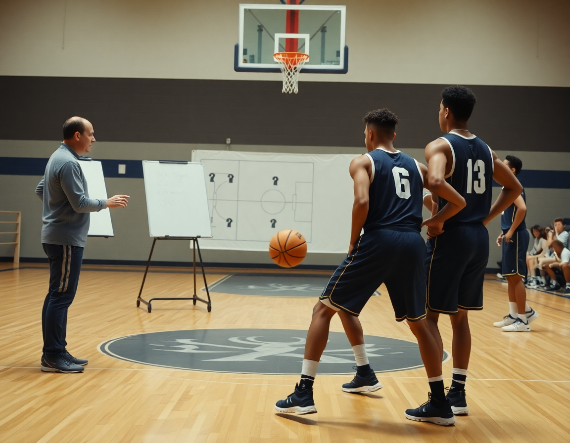 Primera toma: entrenador señala jugadas de baloncesto para aprender mientras se ejecuta una jugada.