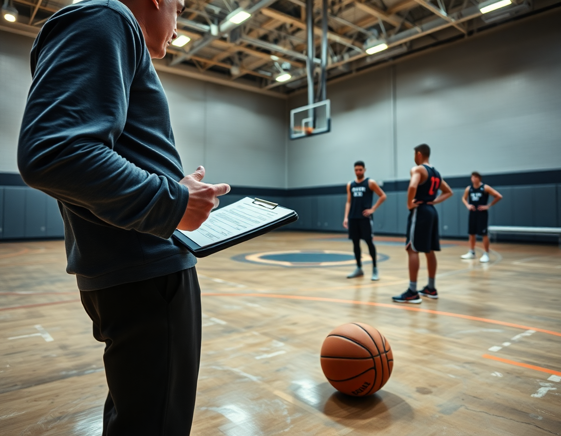 Primer plano del entrenador con clipboard mientras se ejecuta un drill de jugadas baloncesto en sala.