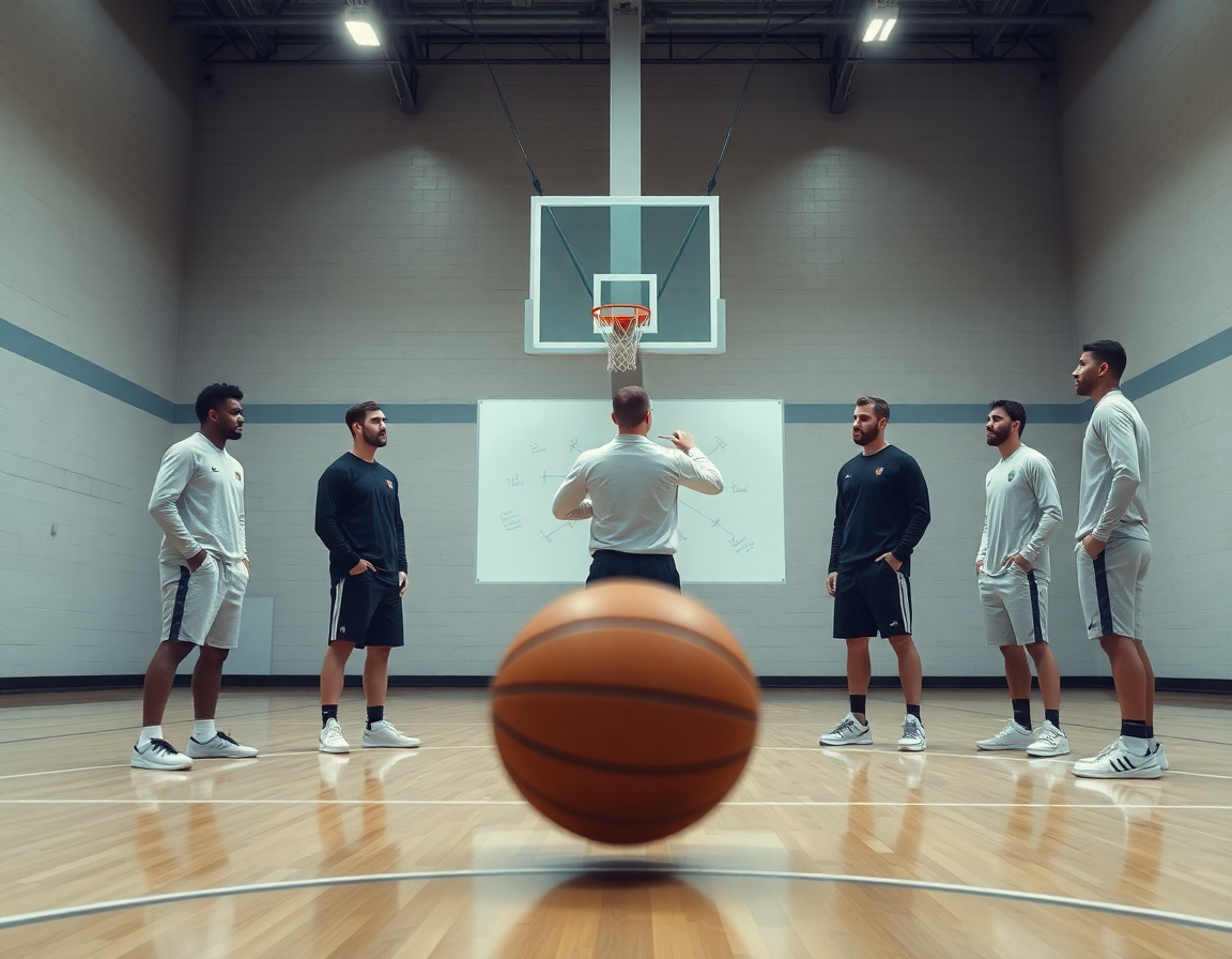 Coach frente a una pizarra blanca dibujando jugadas baloncesto mientras los jugadores observan.