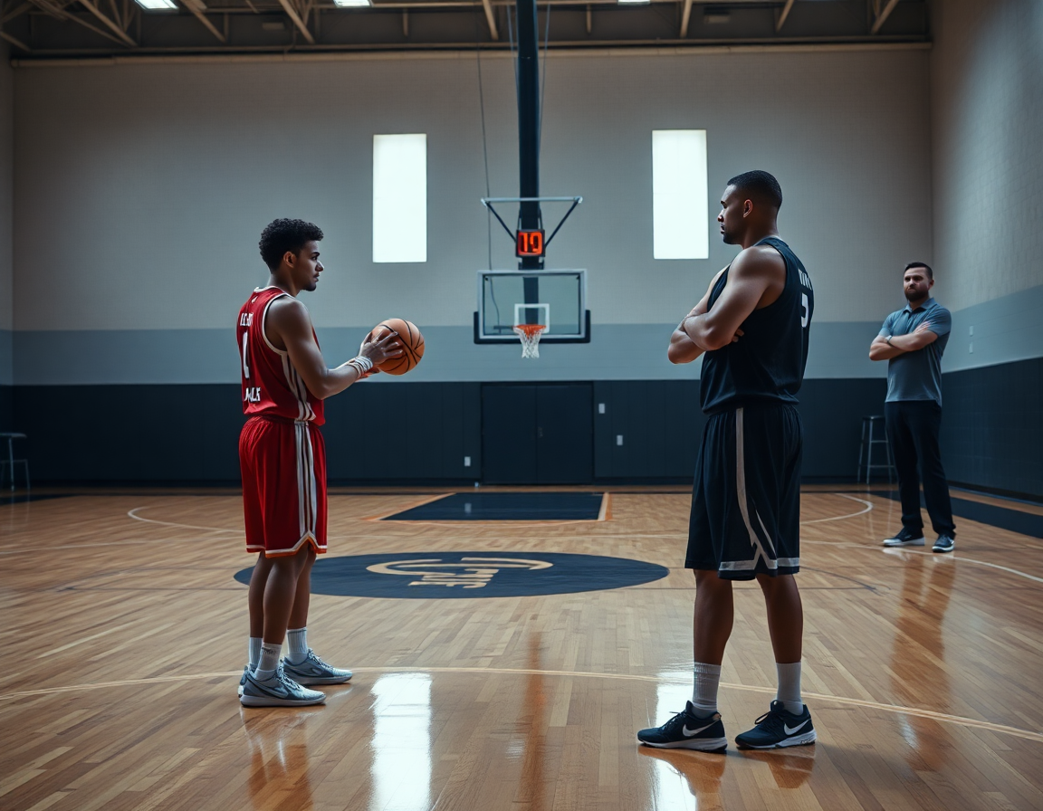 Dos jugadores a media cancha practican el espaciado perfecto mientras el entrenador observa desde la línea.