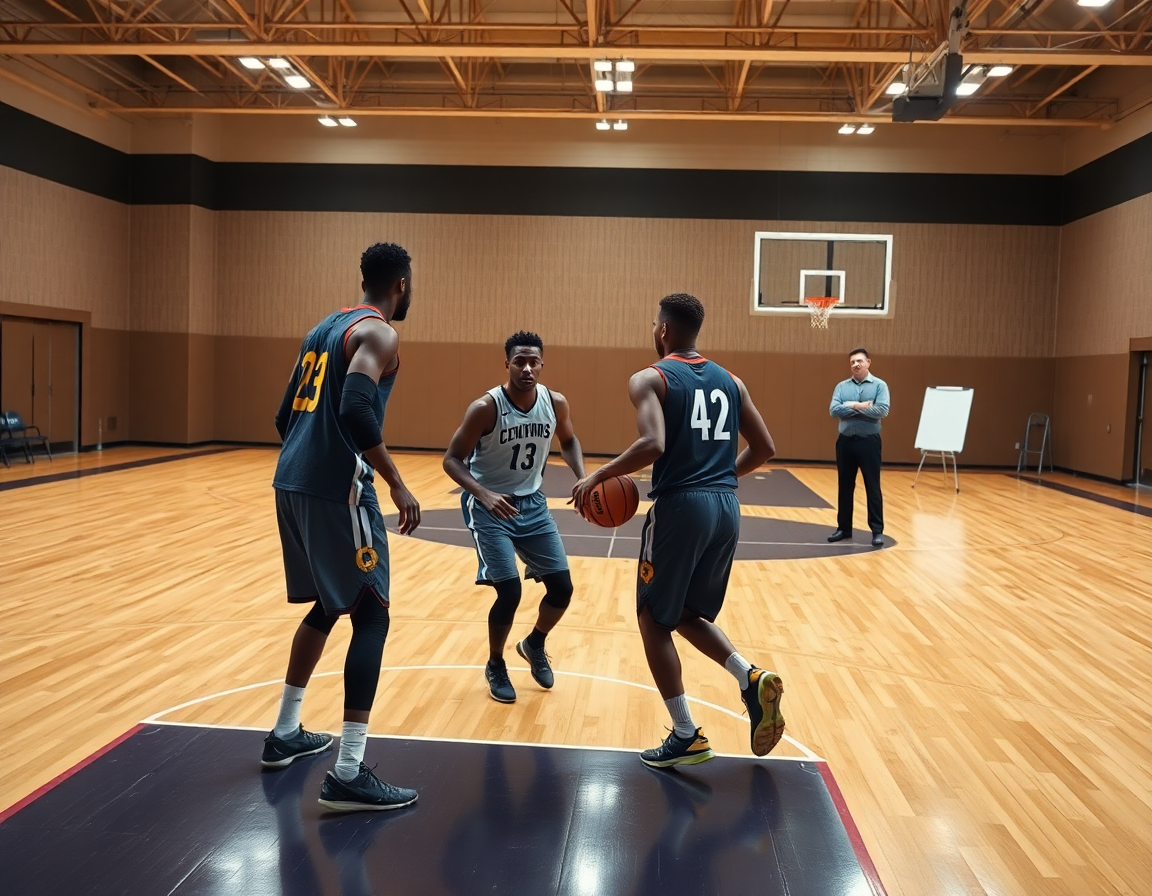 Escena de baloncesto con jugadas baloncesto pick and roll practicadas por un equipo.