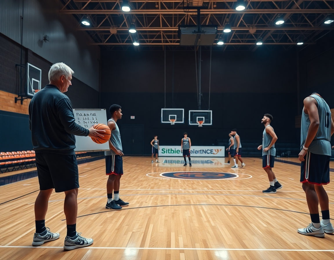 Entrenador señala en la pizarra las jugadas baloncesto pick and roll para la sesión.