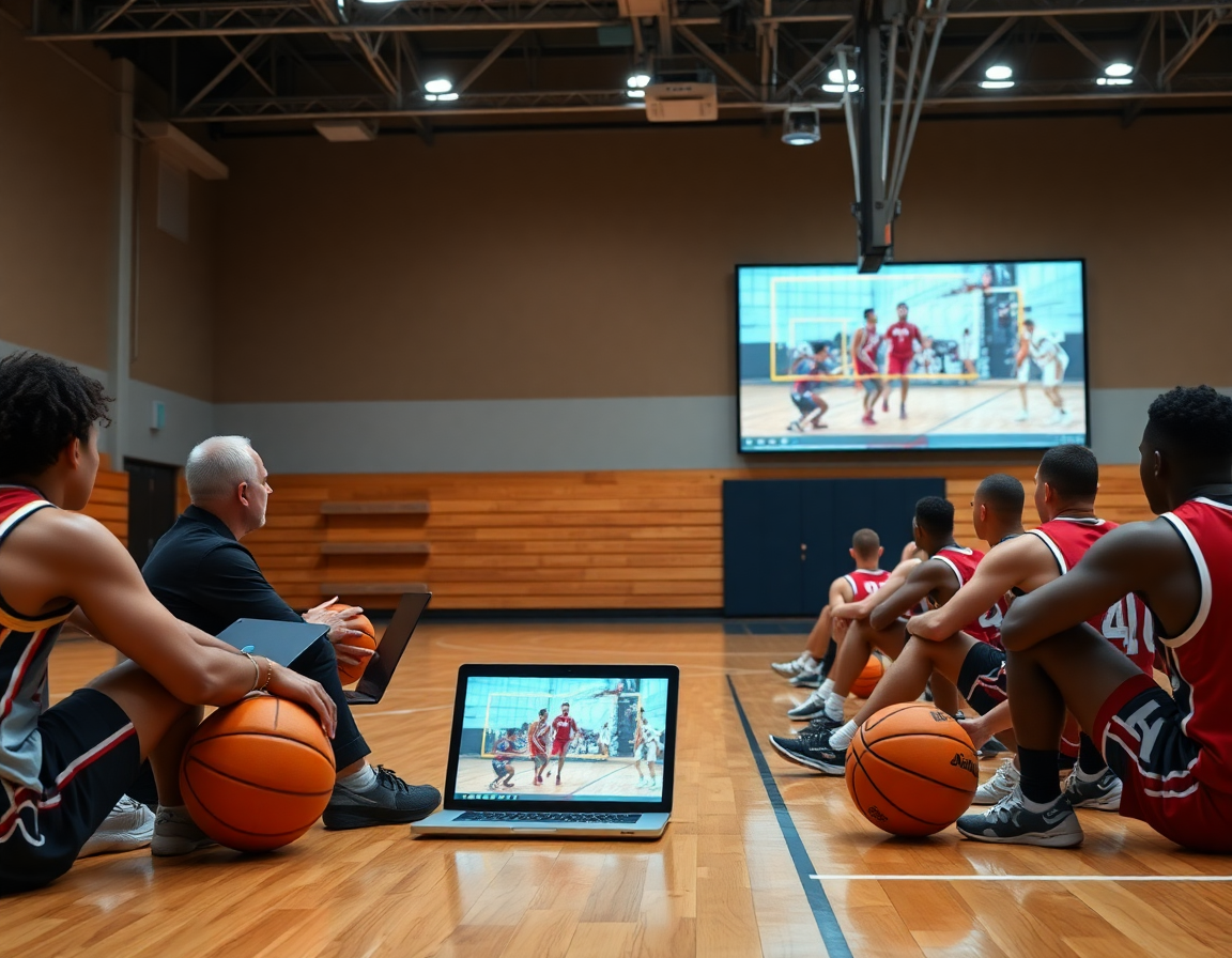 Equipo de baloncesto revisa clips de jugadas baloncesto pick and roll tras entrenamiento.