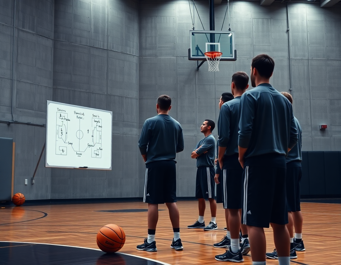 Plano medio: entrenador enseña jugadas de baloncesto para principiantes con los jugadores en la cancha.