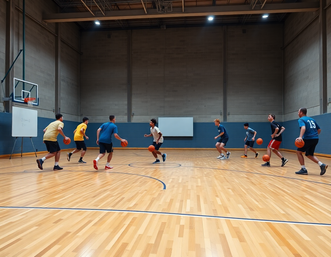 Plano detalle de manos y balón, con jugadores practicando jugadas de baloncesto para principiantes.
