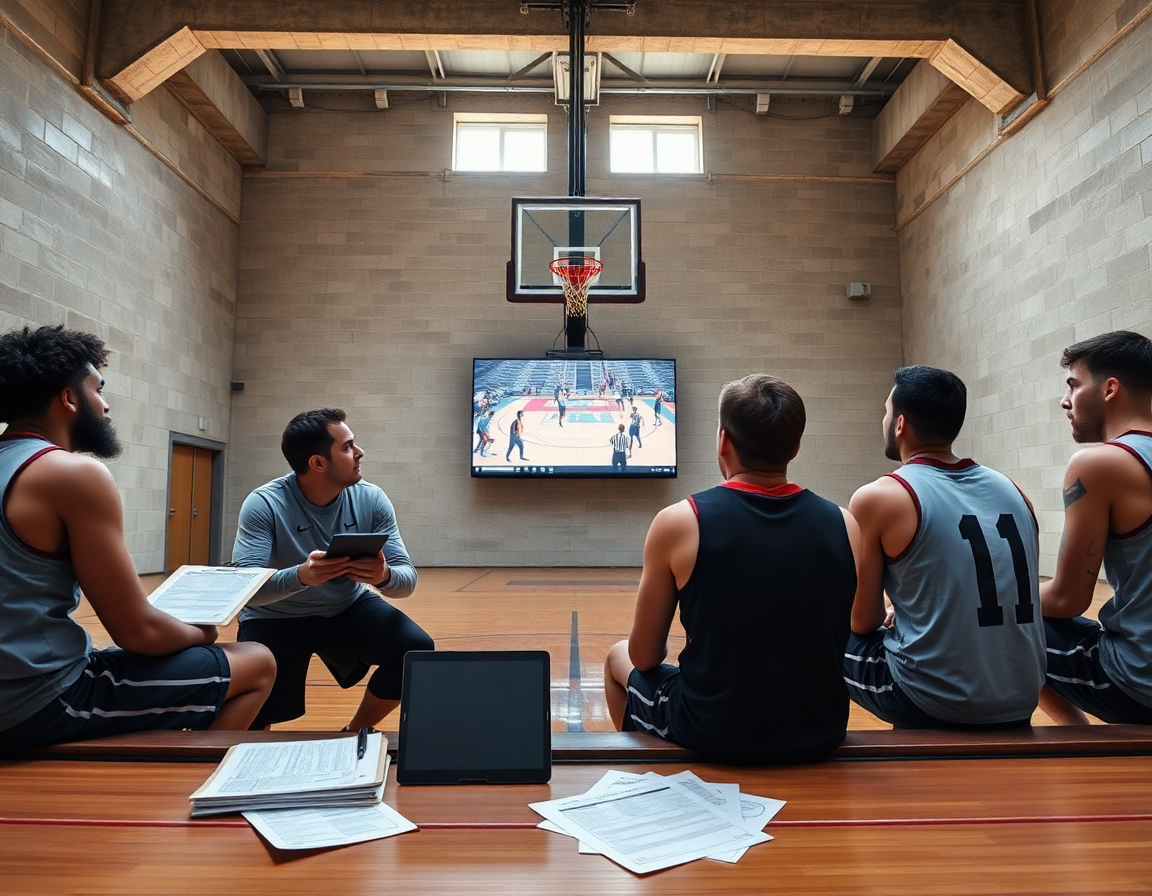 Plano general de scouting en un gimnasio de baloncesto, analizando jugadas de baloncesto para principiantes.