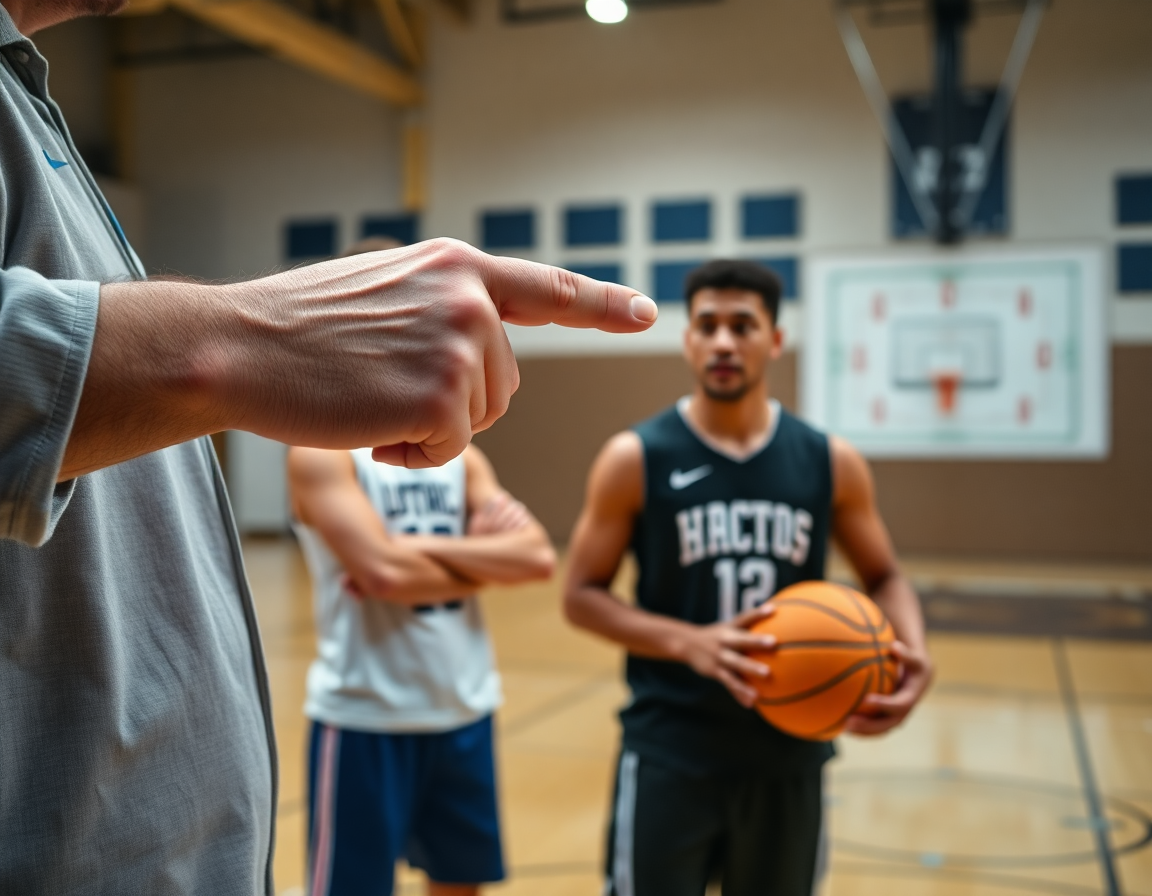 Primer plano de las manos del entrenador señalando jugadas de ataque en baloncesto en la cancha de baloncesto.