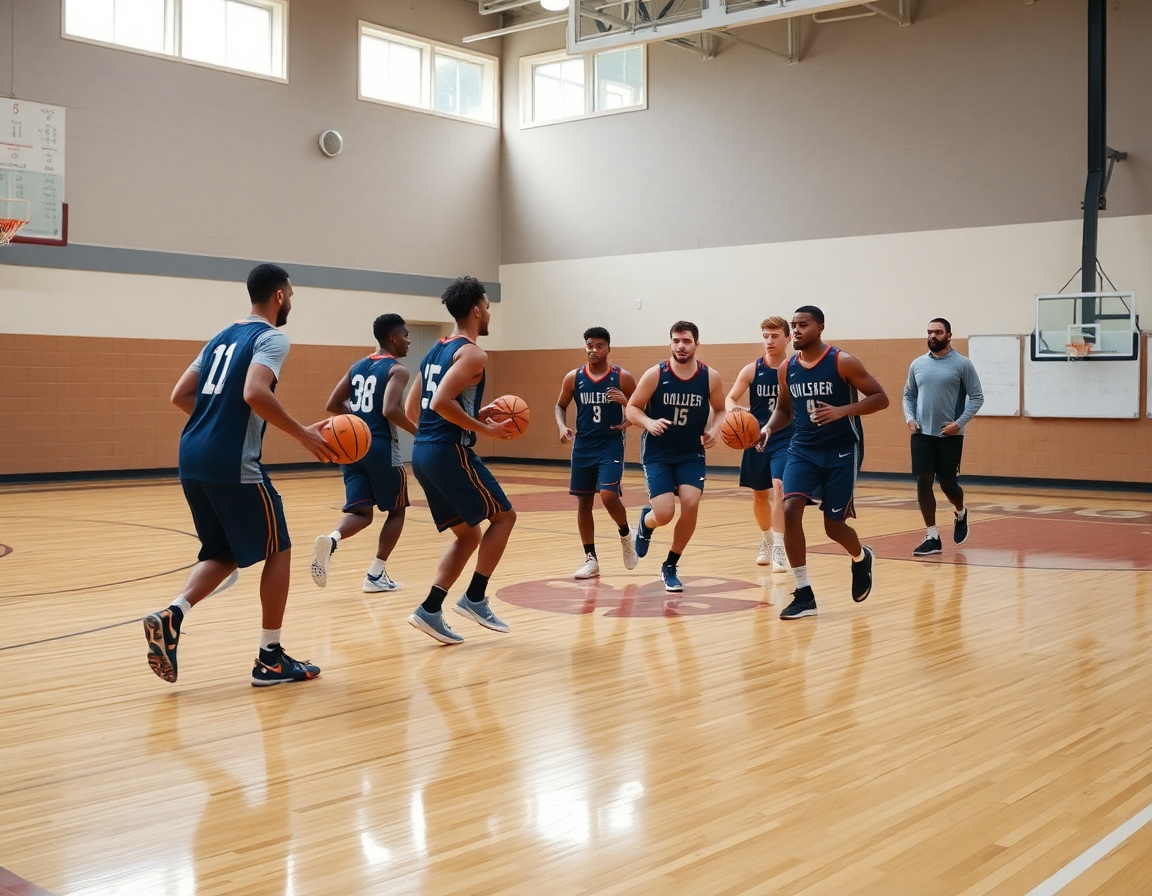 Jugadores practicando jugadas de ataque en baloncesto en la cancha, pasando la pelota naranja mientras el entrenador observa.