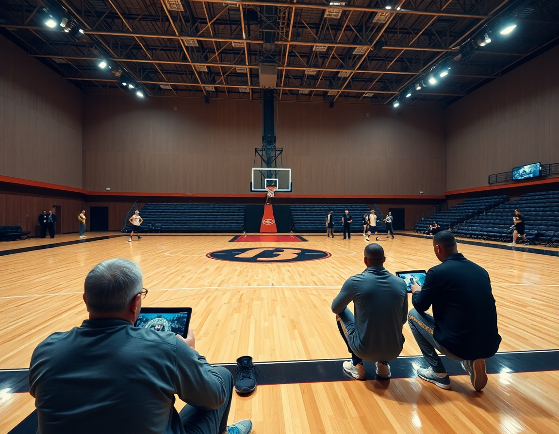 Vista amplia en la cancha de baloncesto, entrenadores revisando clips para jugadas de ataque en baloncesto.