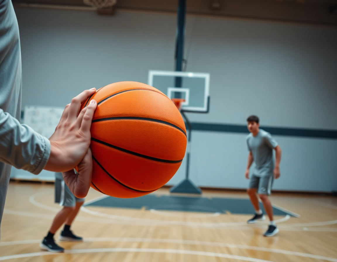 Primer plano de las manos sujetando la pelota naranja mientras jugadores ala-pivot baloncesto practican dribbling cerca del extremo.