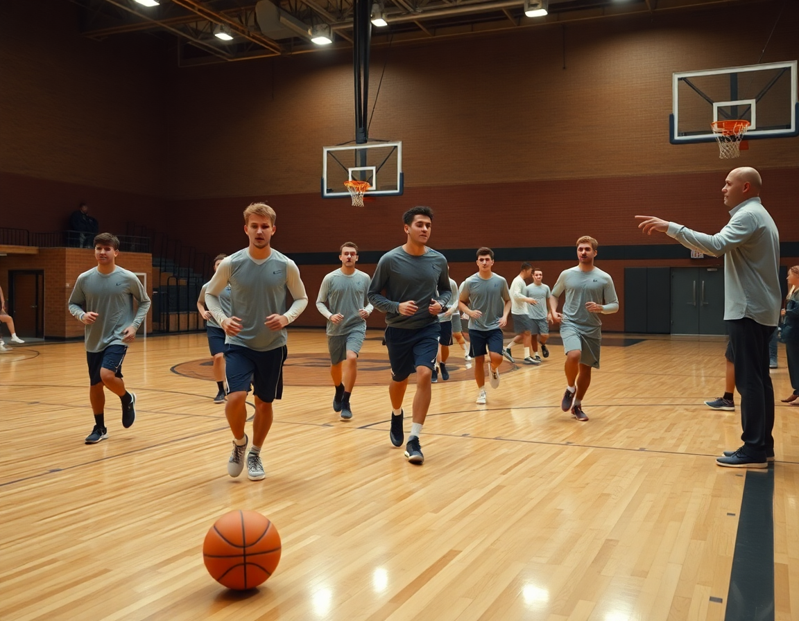 Plano medio de la cancha con jugadores ala-pivot baloncesto ejecutando una salida rápida mientras el coach señala.