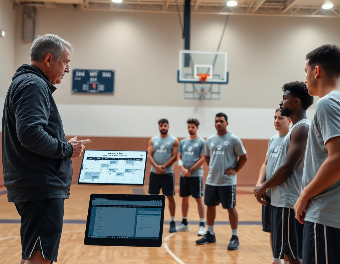 Plano amplio de baloncesto en gimnasio, muestra la estructura semanal de entrenamiento online baloncesto.