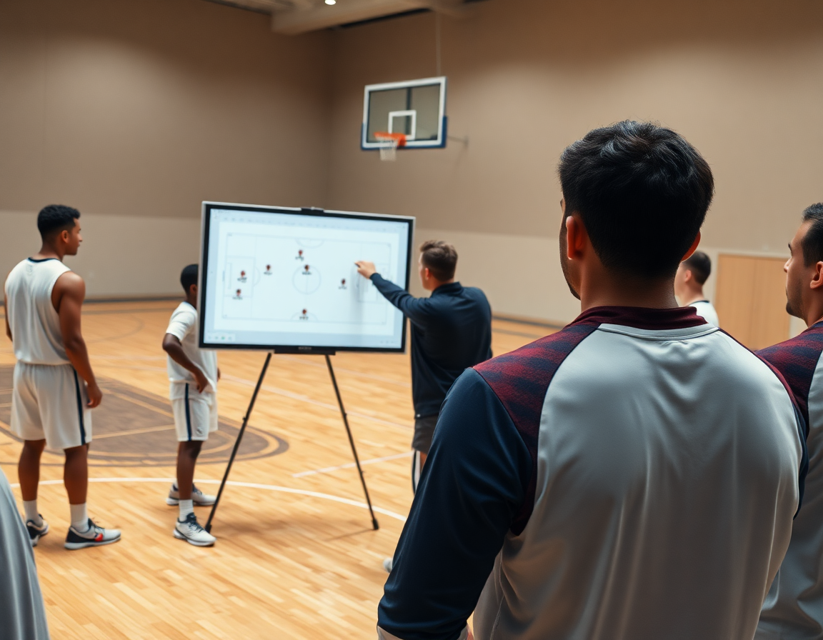 Primer plano de entrenador dibujando una jugada en una pizarra digital, jugadores observan baloncesto.