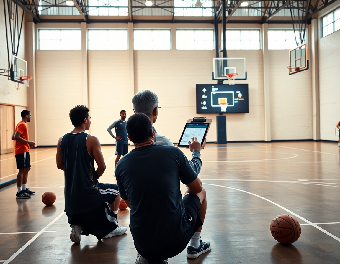 Plano cercano del entrenador presentando online basket a la equipo durante el calentamiento.