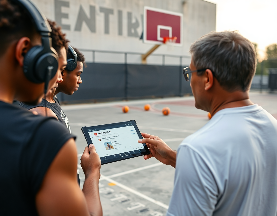 Primer plano de jugadores escogiendo playlists online basket en una tablet durante el calentamiento.