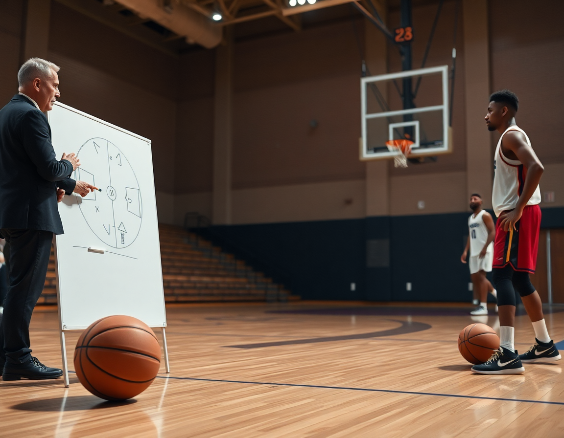 Gimnasio de baloncesto, entrenador dirige un pick and roll en primer plano durante entrenamiento.