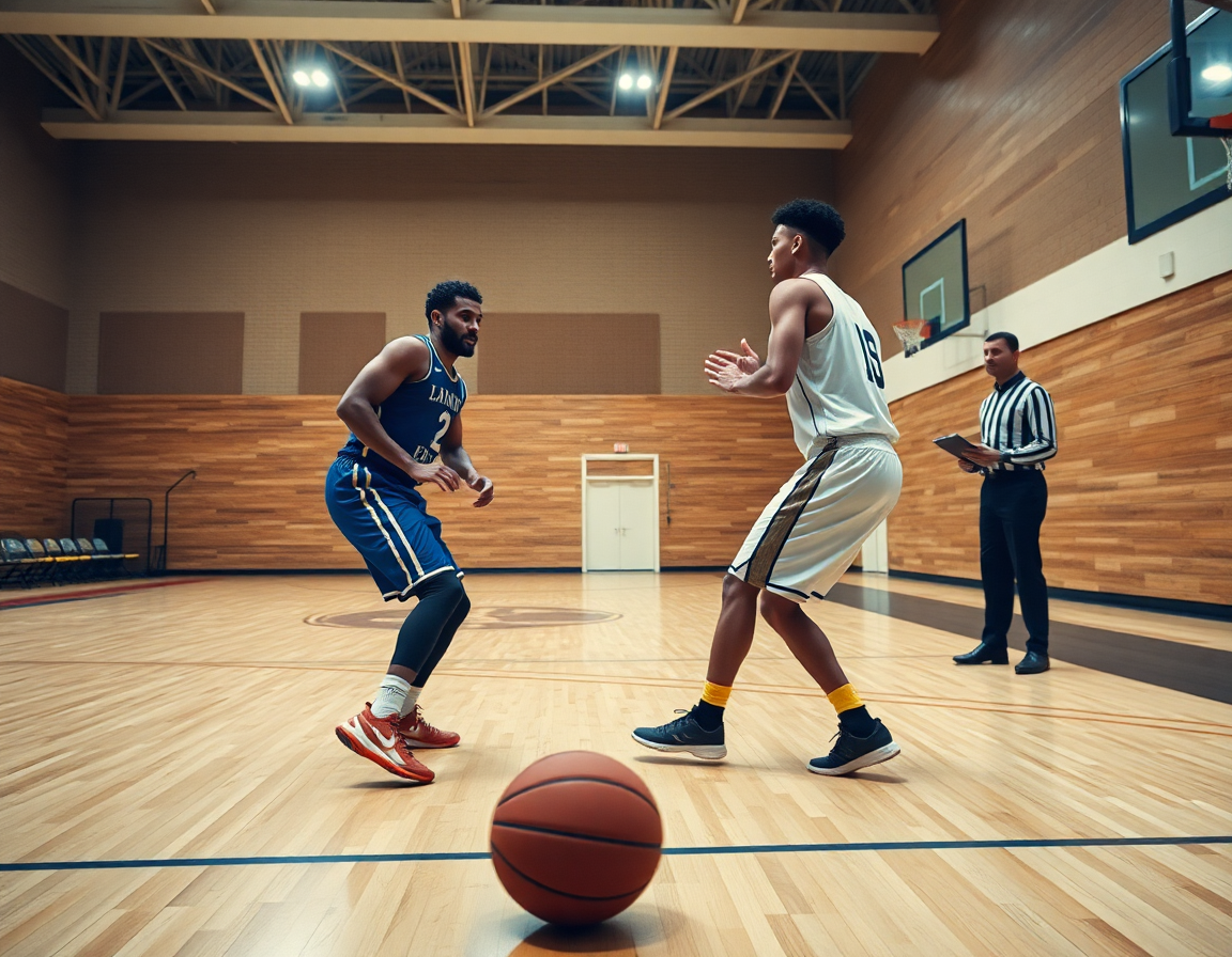 Primer plano de baloncesto dos jugadores ejecutan un pick and roll ante la cámara.