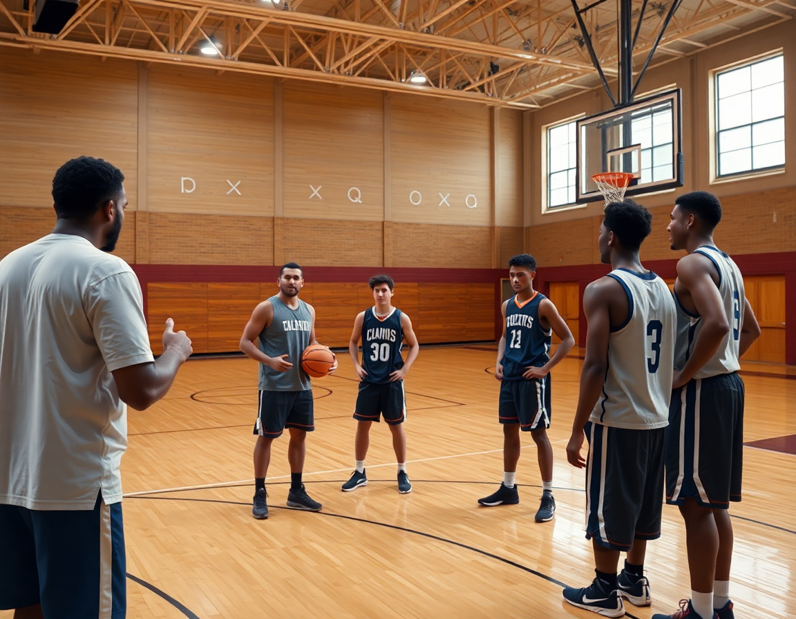 Entrenador de baloncesto explica el pick and roll baloncesto pdf a jugadores en la cancha.