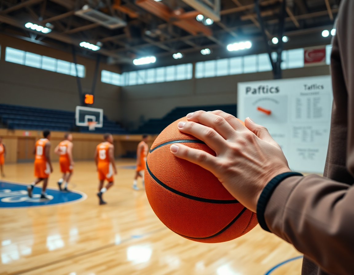 Primer plano de manos con balón de baloncesto y entrenador señalando táctica de pick and roll baloncesto.