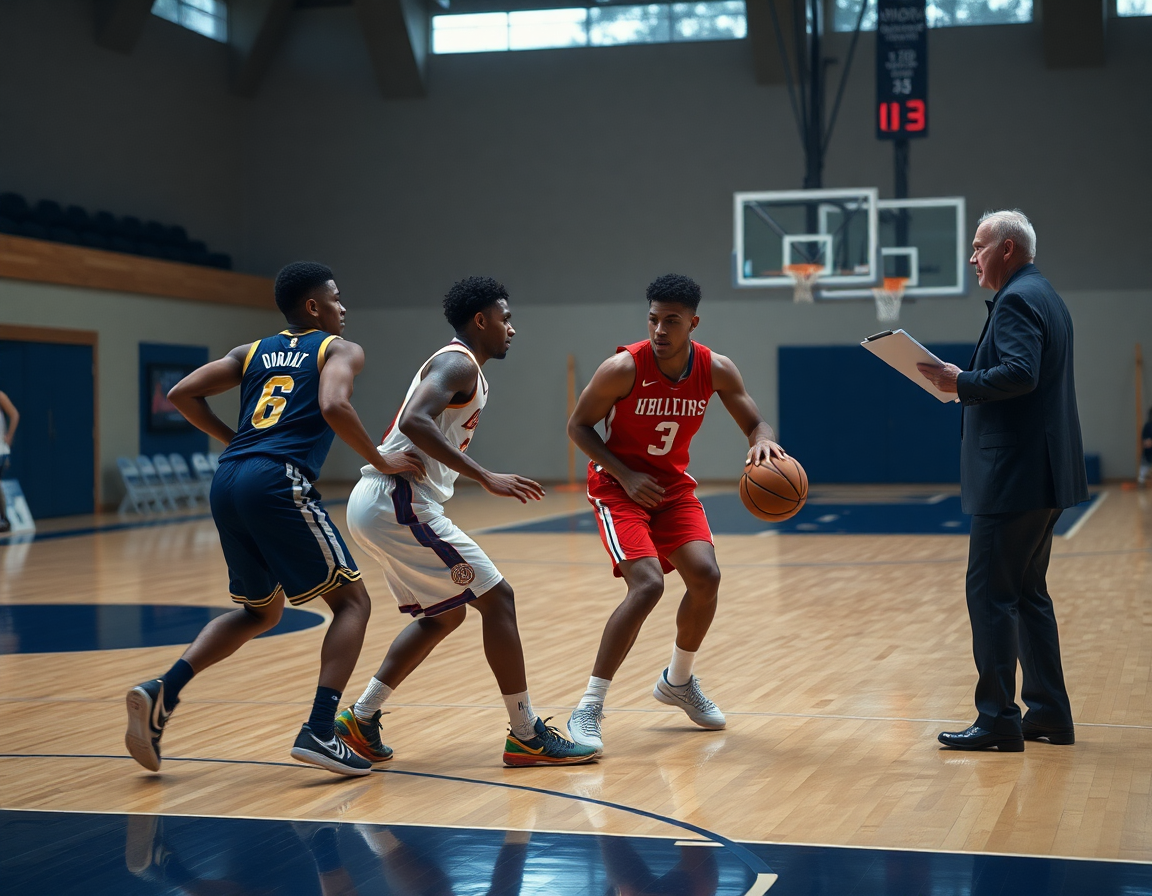 Dos jugadores ejecutan un pick and roll baloncesto cerca de la esquina, balón naranja visible.