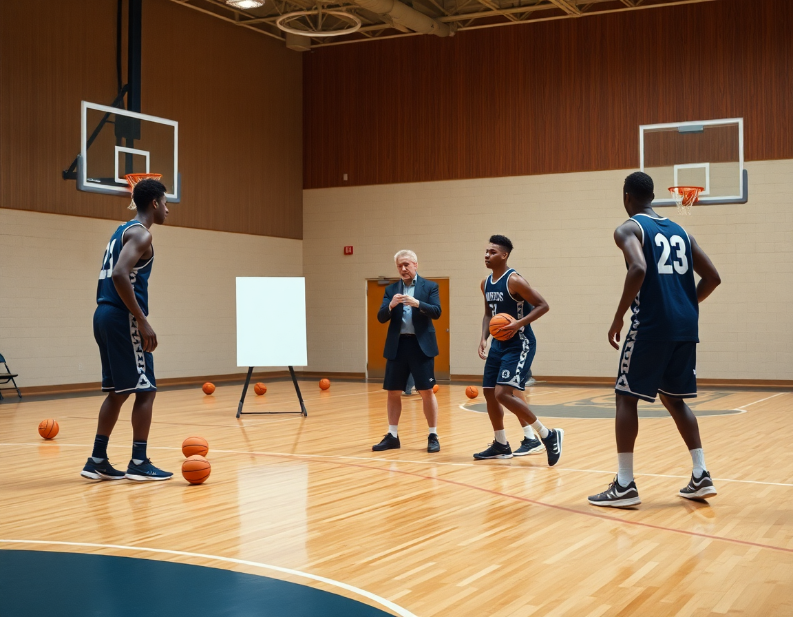 Plano medio de manos y balón de baloncesto durante un drill de pick and roll en gimnasio.