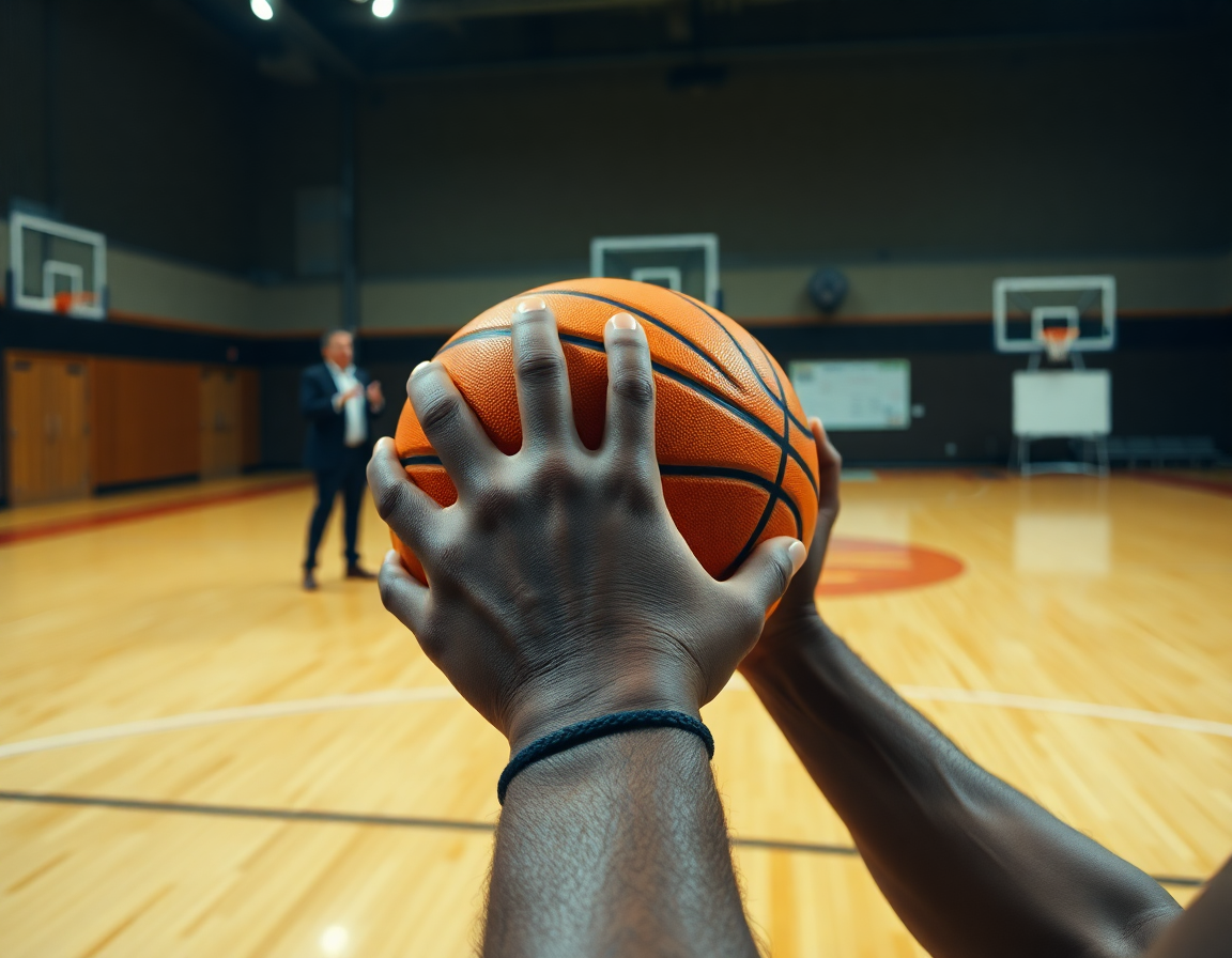 Primer plano de manos y balón de baloncesto durante un drill de pick and roll en gimnasio.