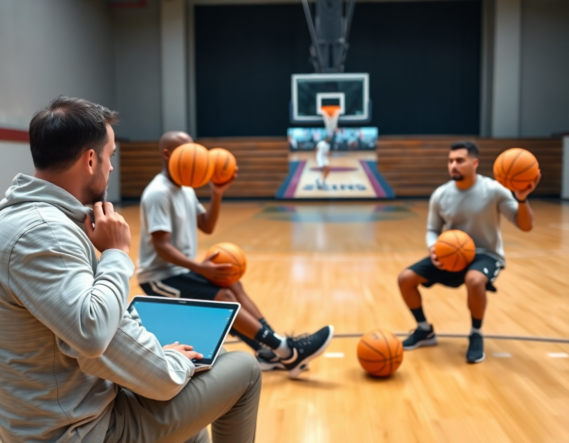 Coach con laptop muestra clips de pick and roll a jugadores junto a la cancha de baloncesto.