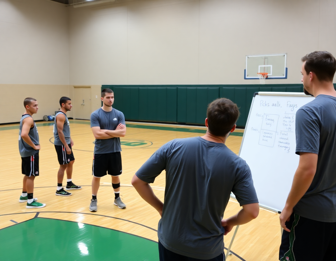 Pizarra táctica y jugadores aferrados al balón mientras practican pick and roll en la cancha de baloncesto.
