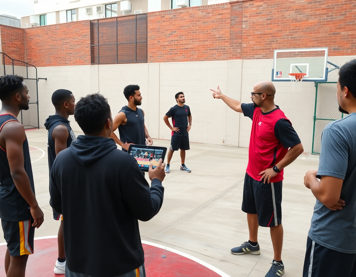 Clips de video en una tablet muestran variaciones de pick and roll para el equipo de baloncesto.