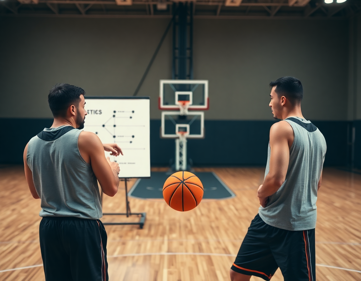 Dos jugadores ejecutan pivot baloncesto cerca de la pintura, bajo la mirada del entrenador.
