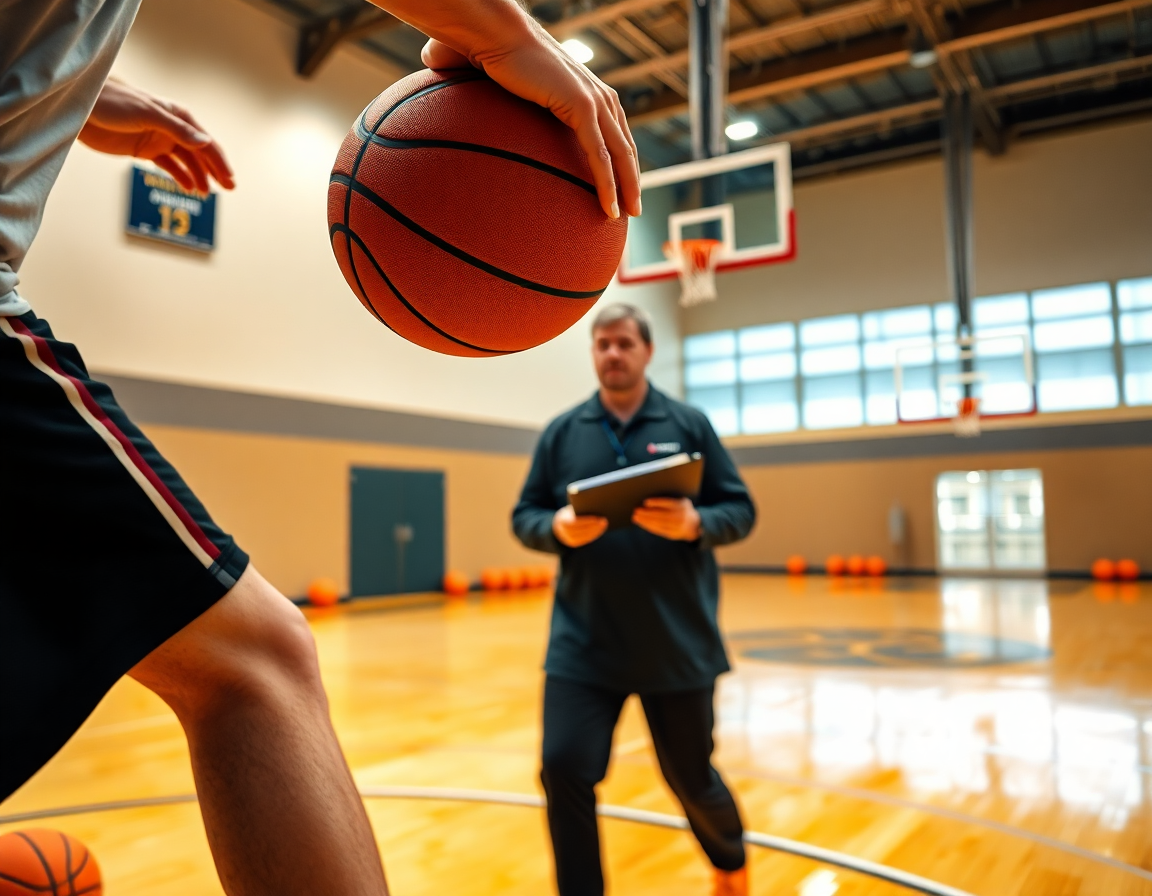 Primer plano de manos en pivote baloncesto mientras pasa el balón durante el drill.