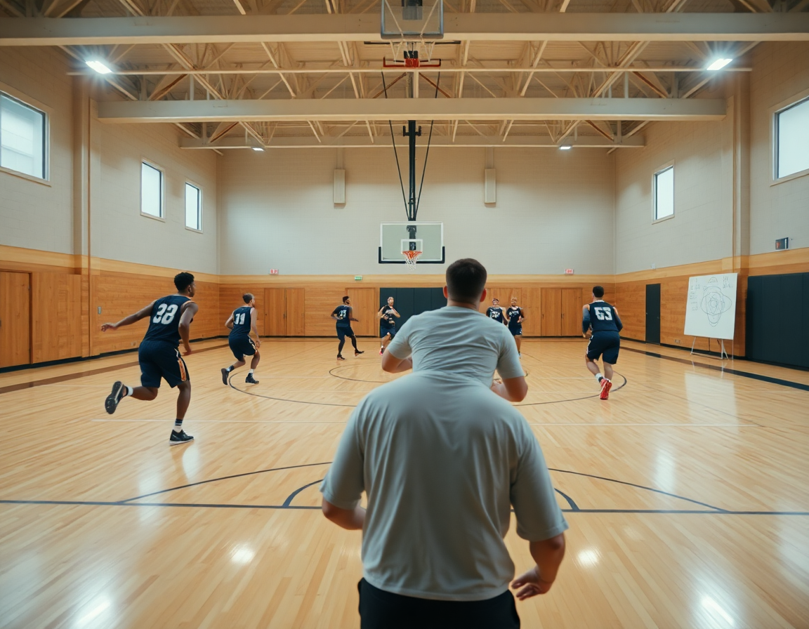 Imagen amplia de un drill de pivot baloncesto en la cancha de baloncesto, con juego intenso.