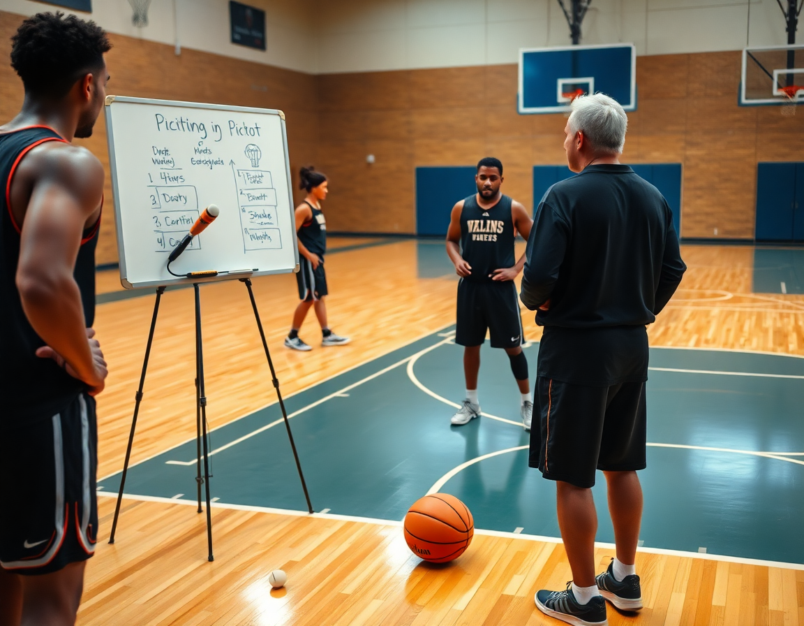 Entrenador de baloncesto enseña pivot baloncesto que hace a jugadores con pizarra táctica.