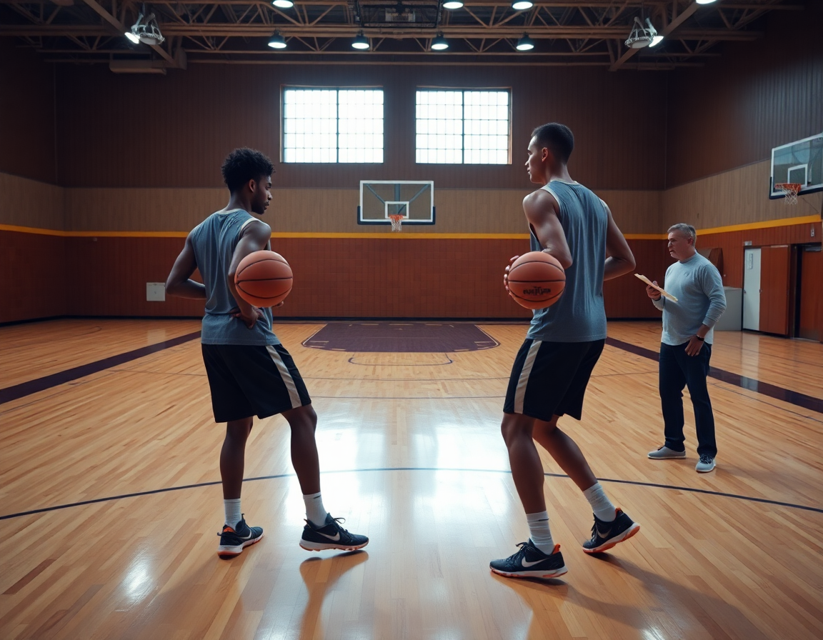 Primer plano de pivot baloncesto que hace durante drill de baloncesto, jugadores y balón naranja en la cancha.