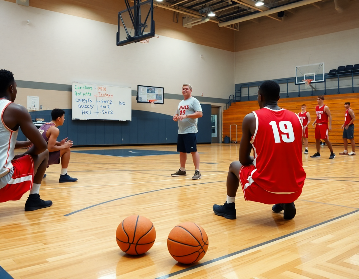 Escena de scouting en baloncesto: jugadores analizan pivot baloncesto que hace con clips en tableta y pizarra táctica.