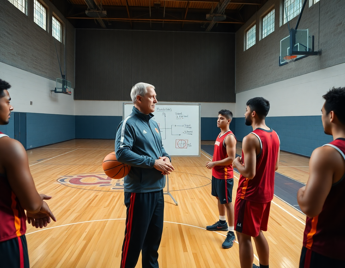 Pizarra entrenador baloncesto online complementando drill semanal durante la práctica de baloncesto en gimnasio.