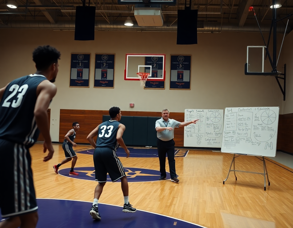 Pizarra entrenador baloncesto online mostrando jugadas claras durante práctica de baloncesto en gimnasio.