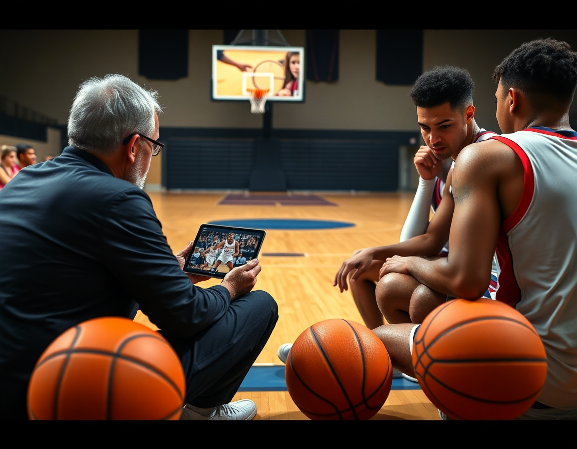 Pizarra entrenador baloncesto online presentando clips para el equipo durante sesión de baloncesto en gimnasio.