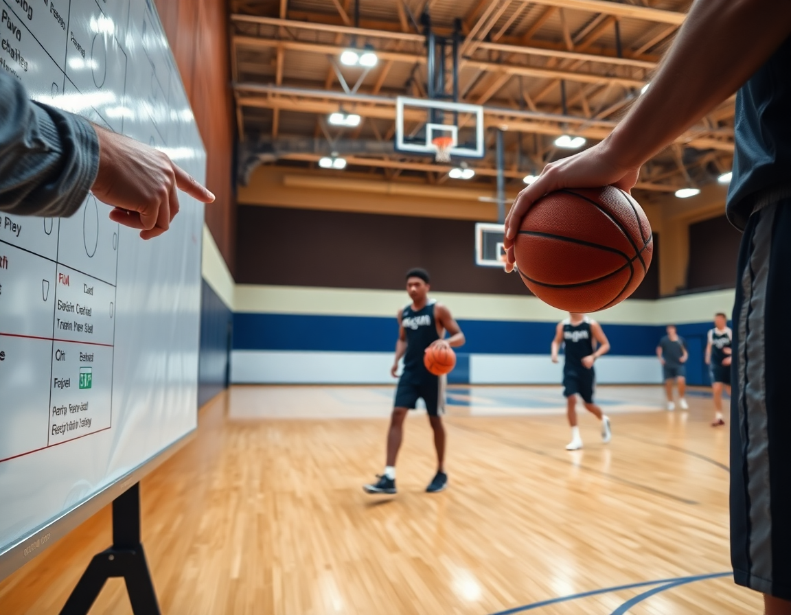 Primer plano: la pizarra tactica baloncesto app guía a un jugador durante un drill de baloncesto.