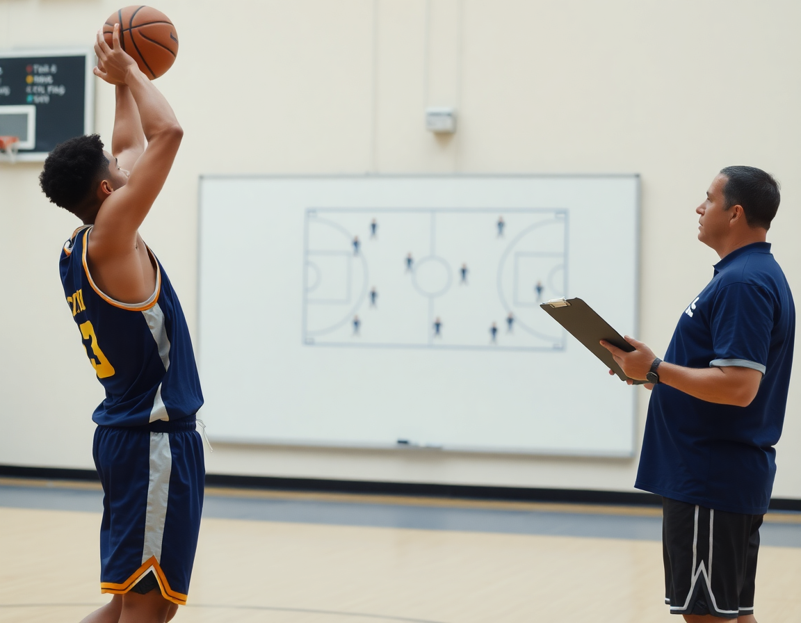 En la cancha, la pizarra tactica baloncesto app muestra la jugada mientras dos jugadores practican baloncesto.