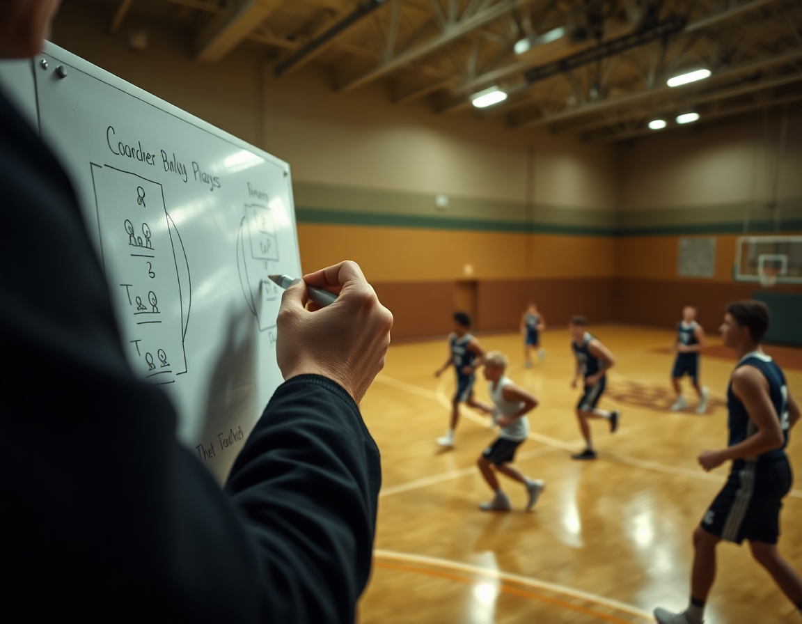 Primer plano: la mano del entrenador dibujando jugadas en la pizarra tactica baloncesto durante el ejercicio.