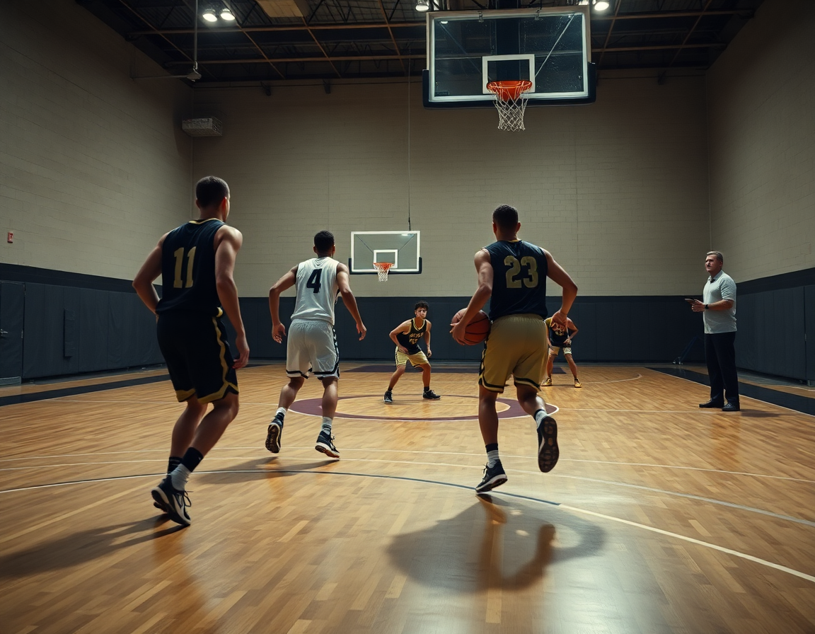 Plano detalle: balón en mano de un jugador driblando, y la pizarra tactica baloncesto al fondo.